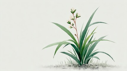 Fototapeta premium Watercolor Painting of Green Plant with Delicate White Flowers on Beige Background