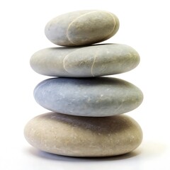 four smooth, gray stones stacked vertically on a white background