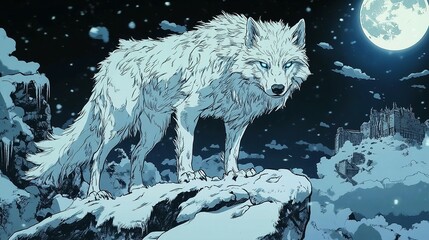 Obraz premium A majestic white wolf stands guard over a snow-covered mountaintop castle.