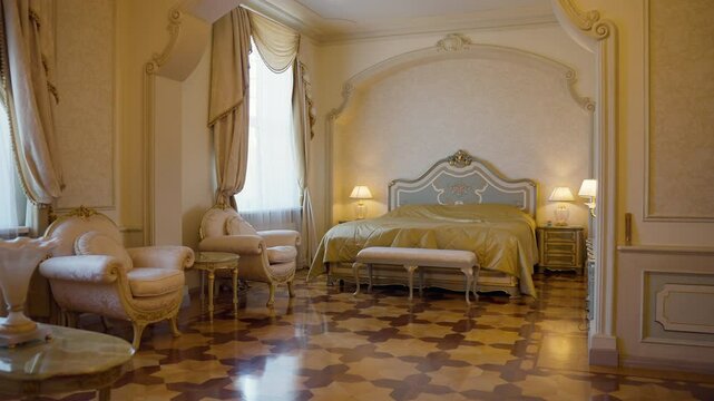 Luxurious bedroom interior revealing elegant classic furniture, showcasing refined design details with soft lighting and sophisticated baroque style decor in warm neutral tones