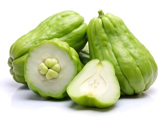 Fototapeta premium howcasing chayote squash, both whole and sliced on a white background
