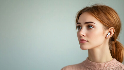 Fototapeta premium close up side profile of person wearing wireless earbuds, showcasing calm and thoughtful expression. soft background enhances focus on individual