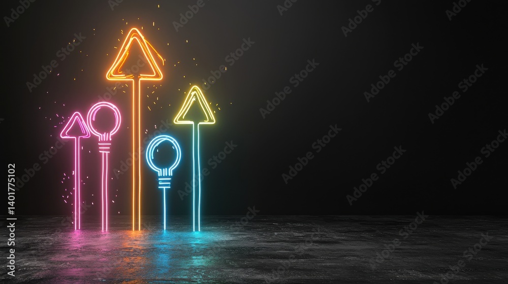Poster vibrant neon beams of various colors converge and form a dynamic array of upward pointing arrows aga