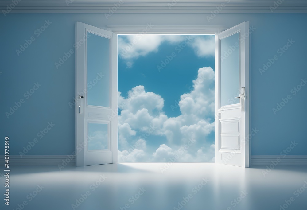 Wall mural metaphor white door background dream scene abstract minimal open modern clouds concept interior out 