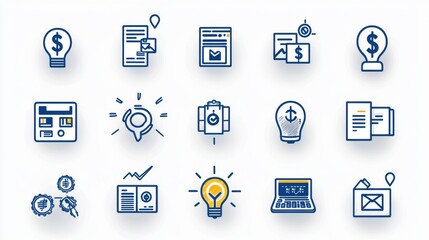 A set of sleek minimalist outline icons representing various aspects of money management personal finance and business