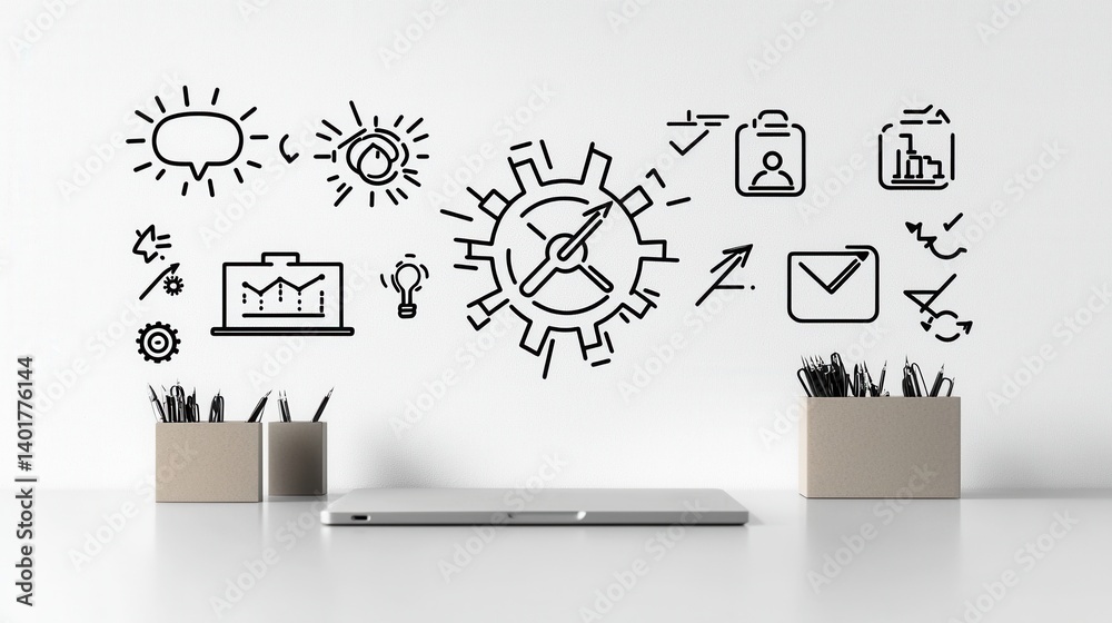Poster minimalist outline icons representing various aspects of management process optimization and workflo
