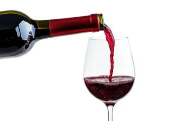 pouring red wine into glass on white background.