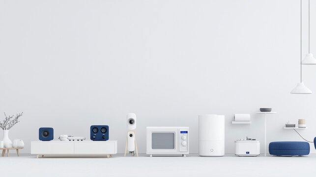 A clean organized arrangement of various modern household appliances and smart home technology devices in a minimalist neutral toned setting