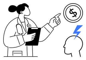 Doctor holding clipboard, pointing towards money icon near silhouette head with lightning. Ideal for healthcare, finance, consultation, mental health, treatment, decision-making education. Flat
