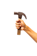 Hand holding hammer and nail isolated on white background.