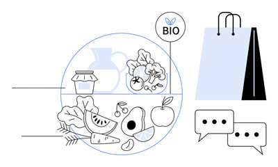 Fresh produce, bio label, jar, vase, shopping bag, chat bubbles. Ideal for sustainability, organic markets nutrition eco-consciousness shopping healthy living communication. Flat simple metaphor