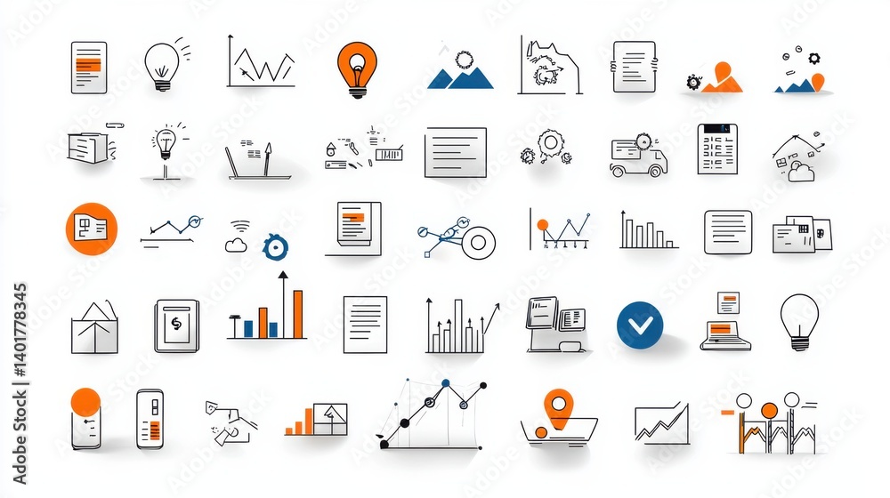 Poster a set of minimalist outline icons representing different elements of data analysis business intellig