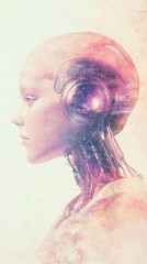 Robot Beautiful young woman with black hair enjoys the sea