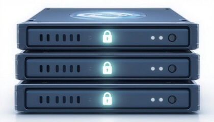 Data protection retention concept. Three stacked data storage devices with illuminated lock icons, emphasizing security and technology in digital environments.