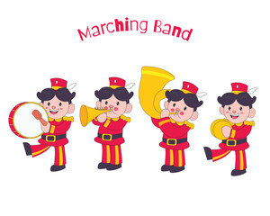 Marching band characters playing various musical instruments in a festive bundle, full of energy and joy