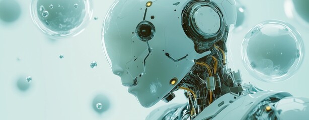 Robot Transparent blue water drops splash on isolated glass