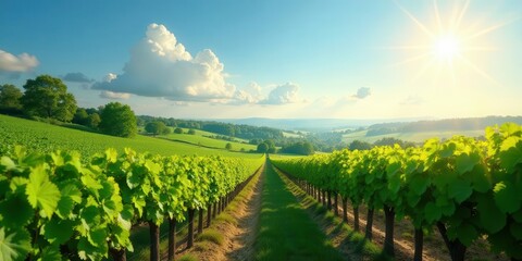 Naklejka premium Serene Vineyard Landscape Rows of Lush Grapevines Extending Towards a Sunlit Horizon, Under a Bright Summer Sky with Puffy White Clouds