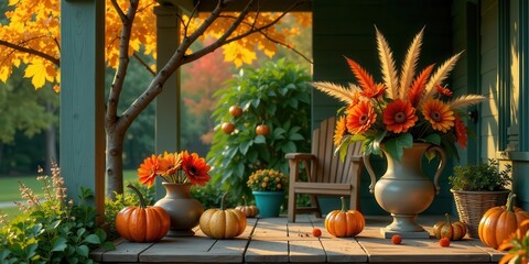 Obraz premium Autumnal Porch Decor Pumpkins, Flowers, and Warm Sunlight on a Rustic Wooden Deck