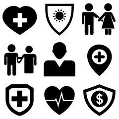 Set of black medical and business stick figure icons