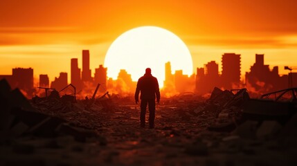 Fototapeta premium A man stands in the middle of a desolate city
