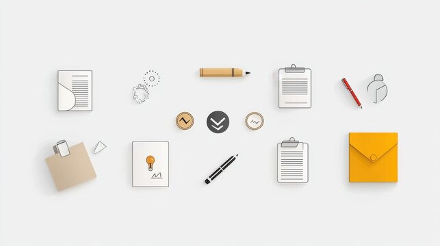 A minimalist and organized arrangement of 15 outline icons representing common document related tools and materials used in various professional and administrative settings