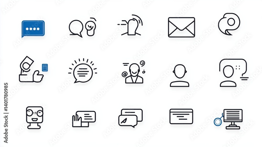 Poster a set of simple and clean outline icons representing various networking and communication concepts i