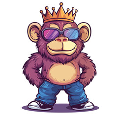 Naklejka premium Ape mascot cartoon with crown and sunglasses vector