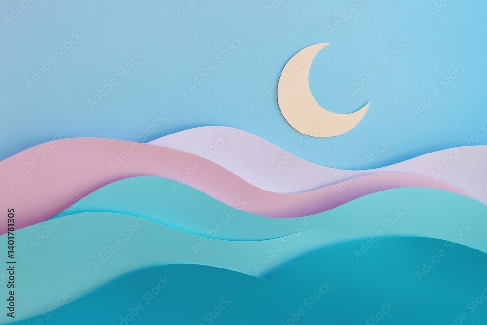 Poster pastel paper moon illuminates soft hills in minimalistic design above serene landscape and tranquil 