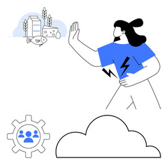 Woman rejecting food-related allergens thumbs up fish and dairy while holding her stomach. Gear symbolizes teamwork or processes, cloud indicates connectivity. Ideal for health, teamwork, food