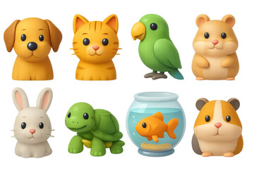 Charming 3d pet icons set featuring dog, cat, bird, hamster, rabbit, turtle, fish, guinea pig