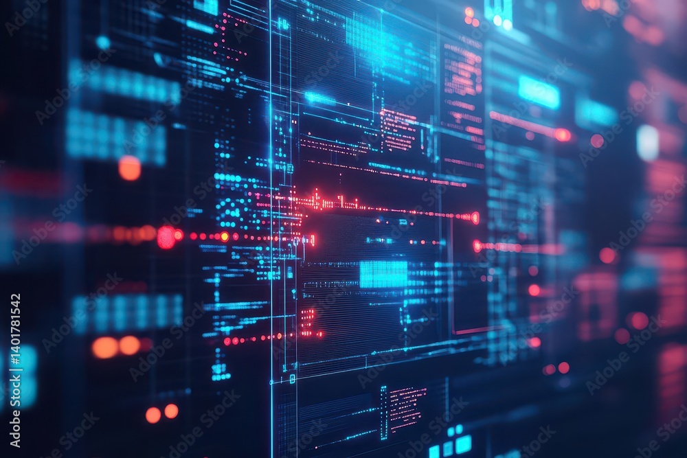 Poster vibrant computer screen displaying bold blue and red colors in a modern digital workspace creating a