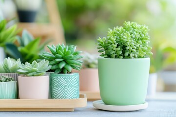 Three Vibrant Small Supa Plants in Green Pots Arranged on a Bright Surface Exuding Freshness and Life in a Lively Indoor Environment for Home Decor
