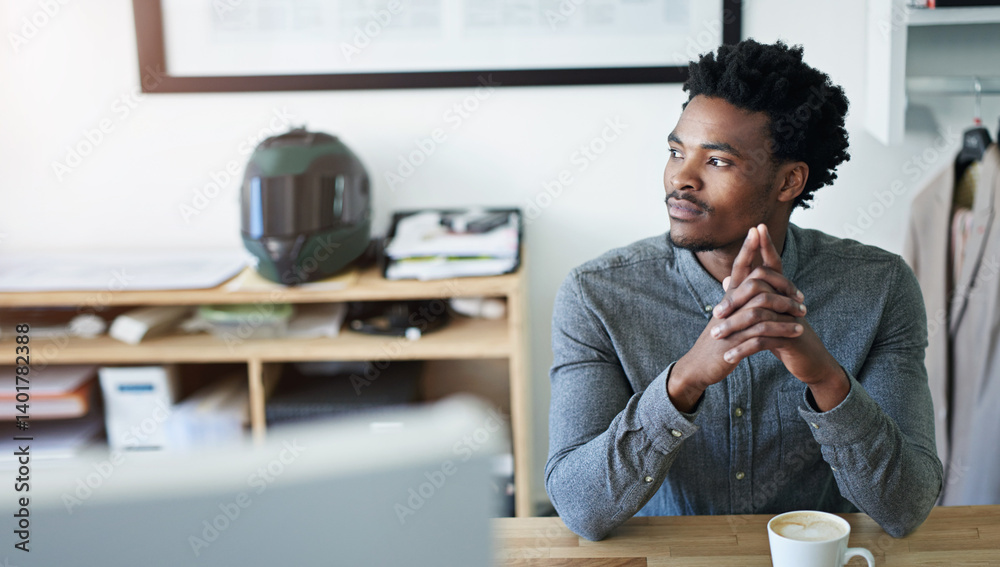 Poster business, thinking and black man with ideas, hands together and solution with problem solving. afric