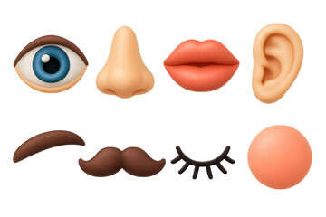 3d facial feature icons set: eye, nose, lips, ear, eyebrow, mustache, eyelashes, blush