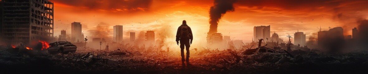 Fototapeta premium A man stands in the middle of a desolate city with a large