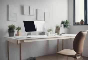 content copy advertising modern side view room around workspace stylish generic display space your desktop nobody light blank information computer text design white home creative workplace technology