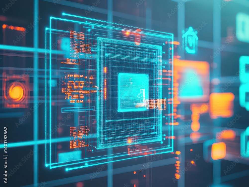Poster vibrant computer screen displaying striking blue and orange abstract background with dynamic visual 