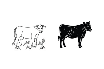 Cow Line Art Vector Illustration Black And White Farm Animal Design