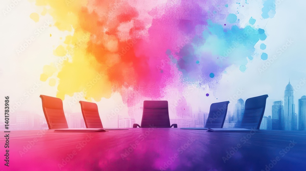 Aufkleber group of laptops on table surrounded by vibrant colorful paint splashes creating a dynamic and creat