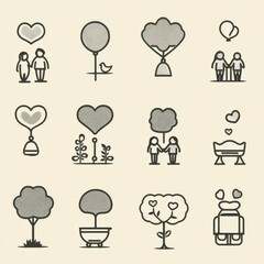 A set of minimalist monochrome icons depicting various romantic and family themed symbols and concepts such as hearts couples families nature and
