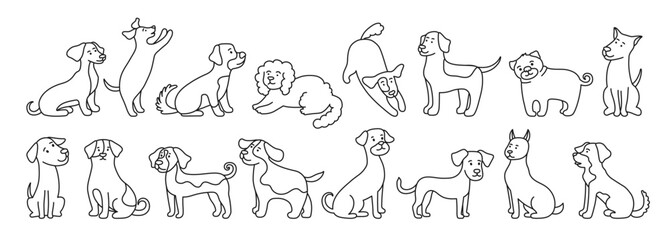Cute Dogs cartoon set sign illustration for kids. Funny childish dogs of different breeds. Puppy in various poses playing sitting, standing symbol pet. Cute comic pedigree canine animals simple vector