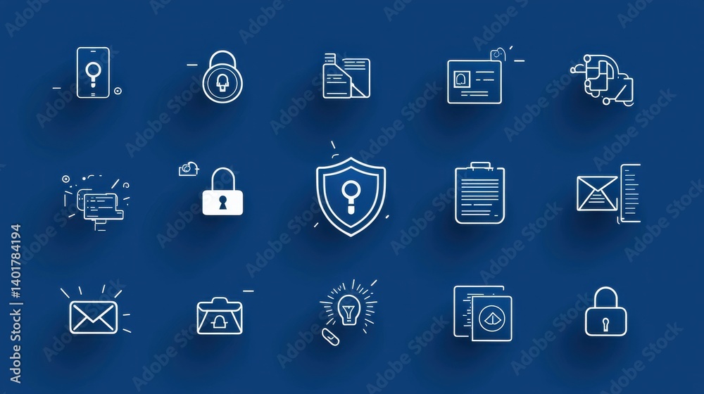 Poster a collection of minimalist line art icons representing various security and technology concepts such