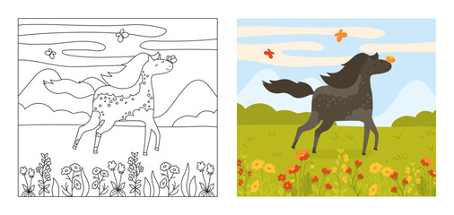 Horse runs on summer meadow coloring book for kids cartoon vector illustration. Playful mare horse in summer valley. Comic flat hand drawing purebred stallion. Summertime design perfect for children