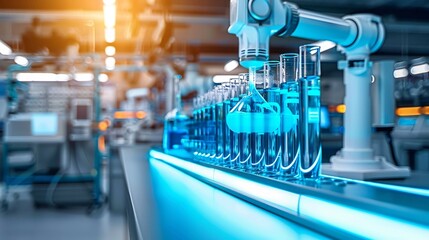 Selective color photography of futuristic chemistry lab with only the test tubes glowing in vibrant blue