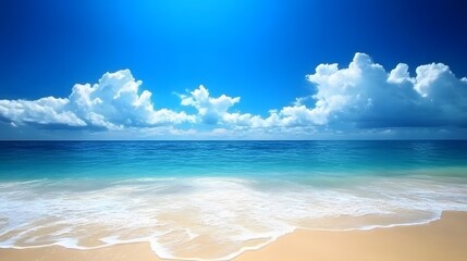 Obraz premium Serene Beach Scene, Blue Ocean Waves and Fluffy Clouds