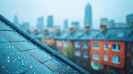 Fototapeta premium Gentle Rainfall on a Rustic Roof Evoking a Sense of Calmness and Nostalgia in a Peaceful Outdoor Setting Surrounded by Lush Greenery and Nature