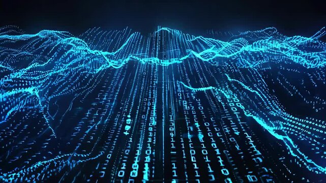 Digital Data Stream Animation on Black Background with Glowing Information Flow