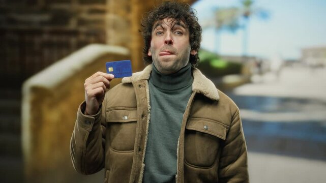 Hispanic man outdoors in city holding credit card smiling playfully with stylish jacket in urban background street.
