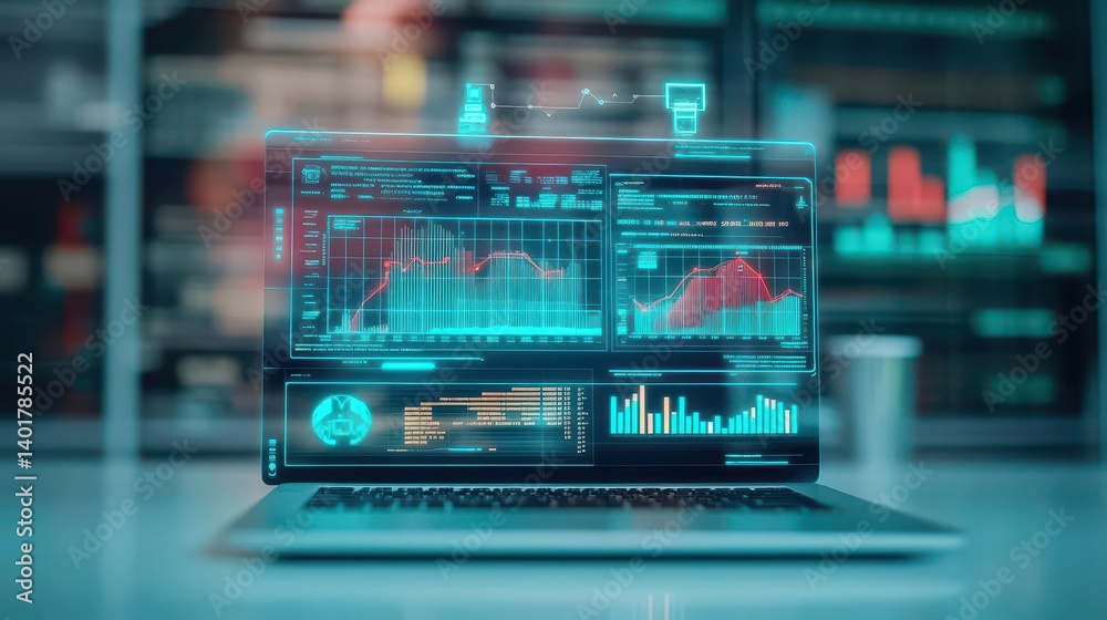 Poster modern laptop displaying detailed graphs and data analysis in a bright office environment with profe