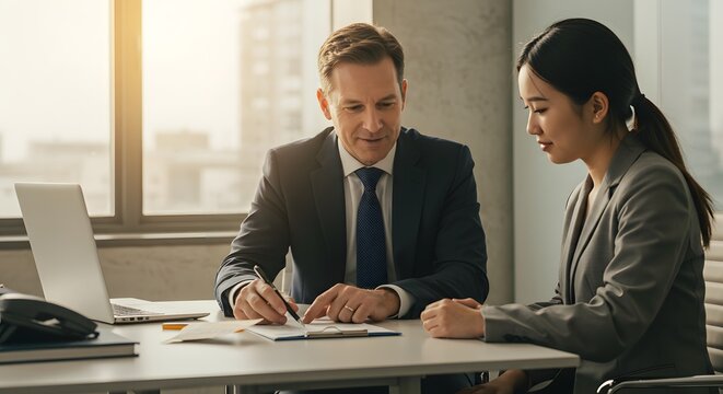 Manager giving feedback to employee in private office setting digital photo